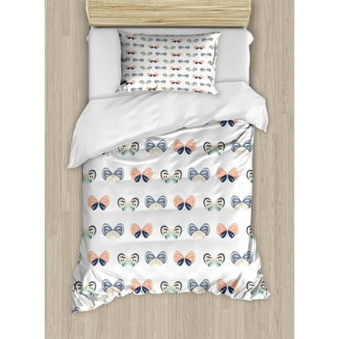 Nursery Duvet Cover Set Twin Size, Spring Theme Repetitive Butterfly Sketches with Colorful Pastel Tones, Decorative 2 Piece Bedding Set with 1 Pillow Sham, White and Multicolor, by Ambesonne