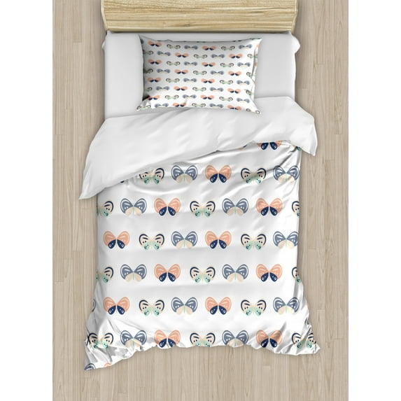 Nursery Duvet Cover Set Twin Size, Spring Theme Repetitive Butterfly Sketches with Colorful Pastel Tones, Decorative 2 Piece Bedding Set with 1 Pillow Sham, White and Multicolor, by Ambesonne
