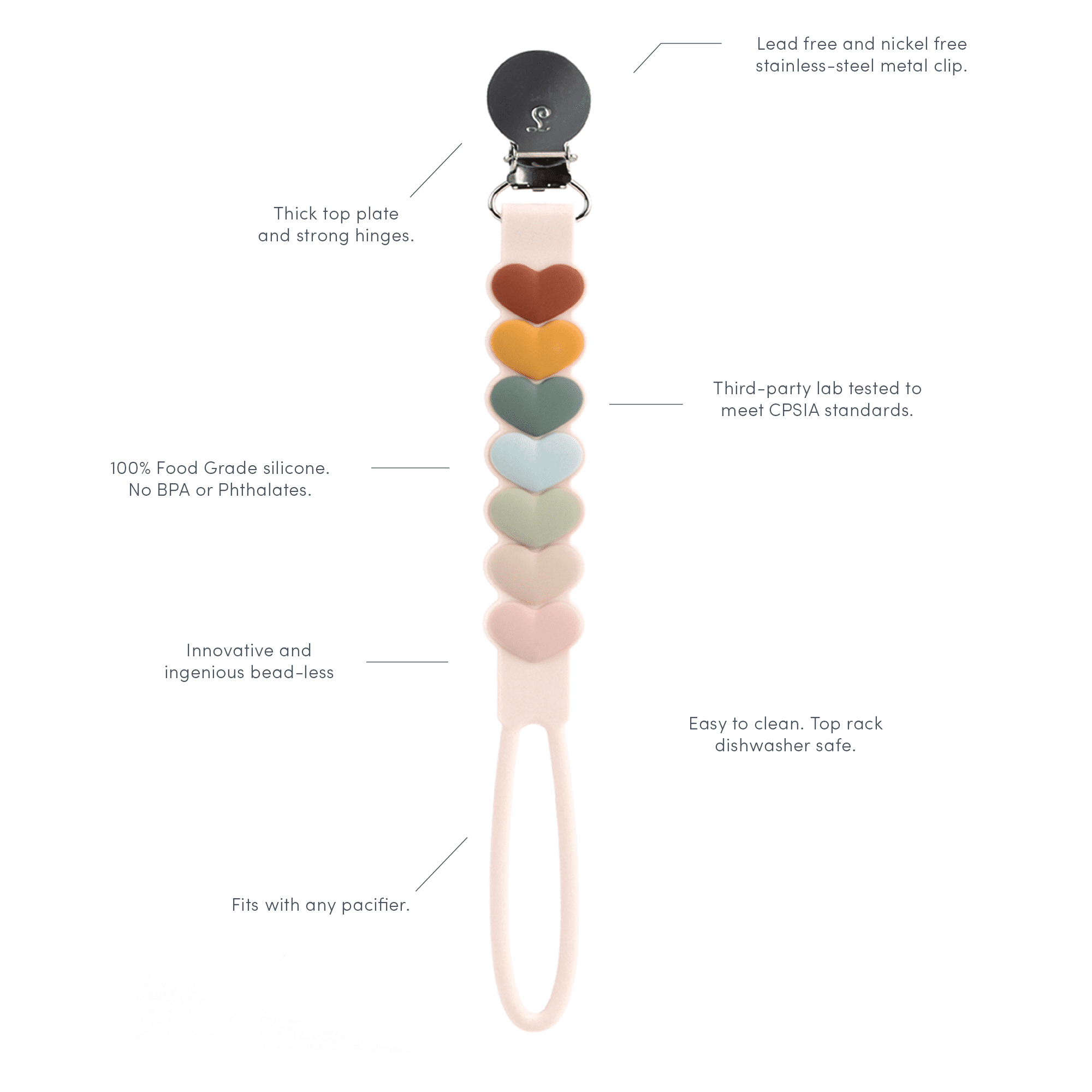 Loulou Lollipop Pacifier Clip - Beadless for Babies and Toddlers 4 Months+, Easy to Clean - Sweetheart Rainbow