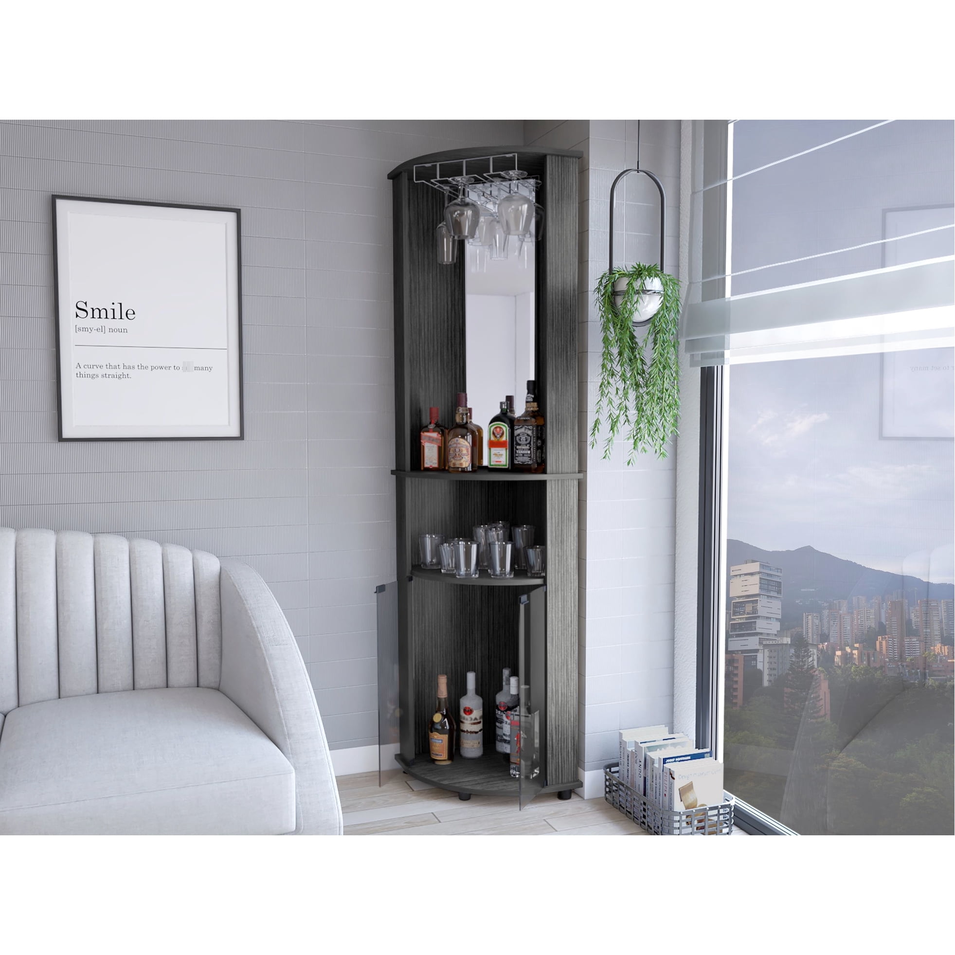 Living Room Corner Bar Cabinet , Oak Style, 3 Shelves, Space Saving Piece, 73.95" H X 17.61" W D, Ready To Build, Gray, Engineered Wood Space-saving Construct,