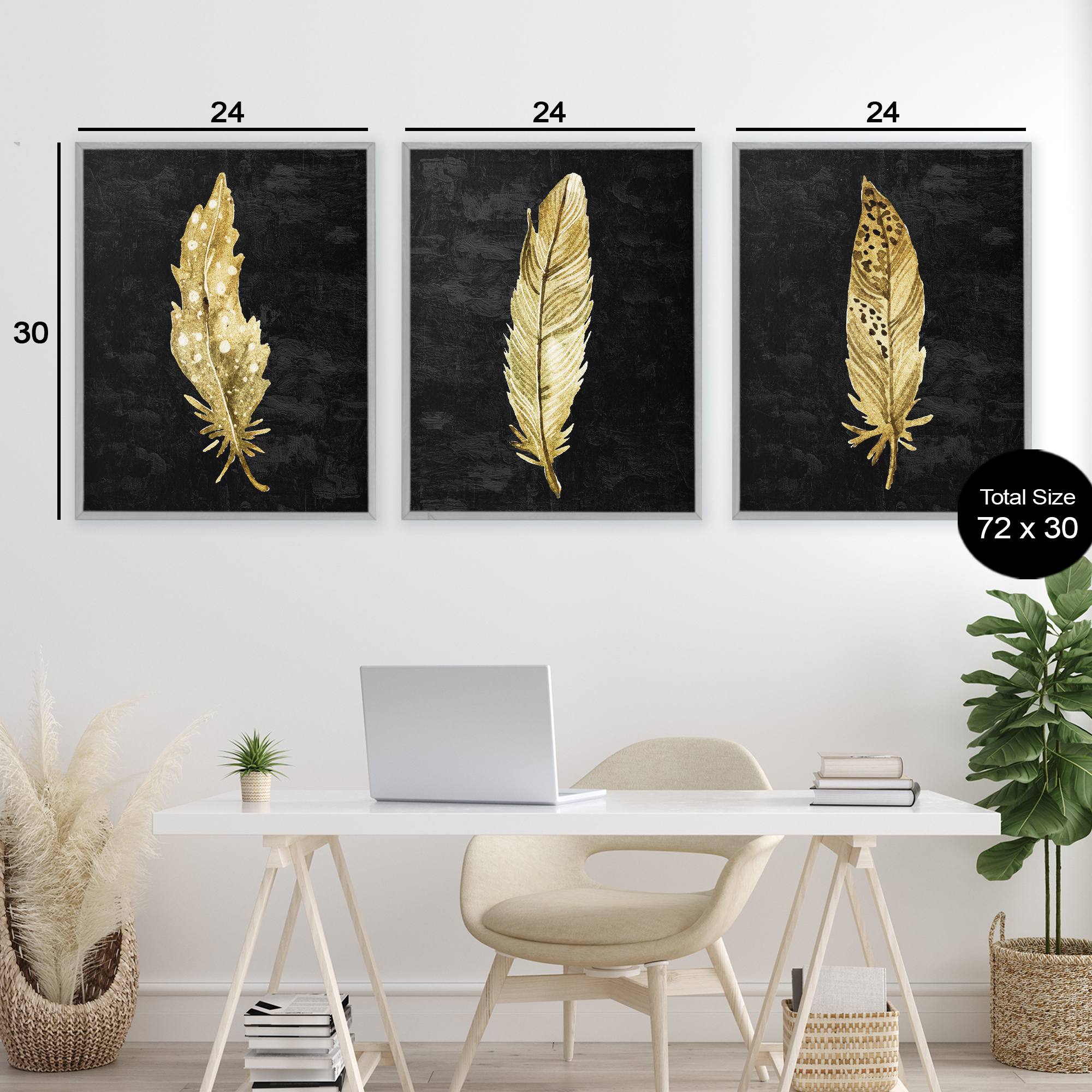 Black & Gold Feathers 3 Piece Gray Framed Giclee Art Set, design by Kim Allen
