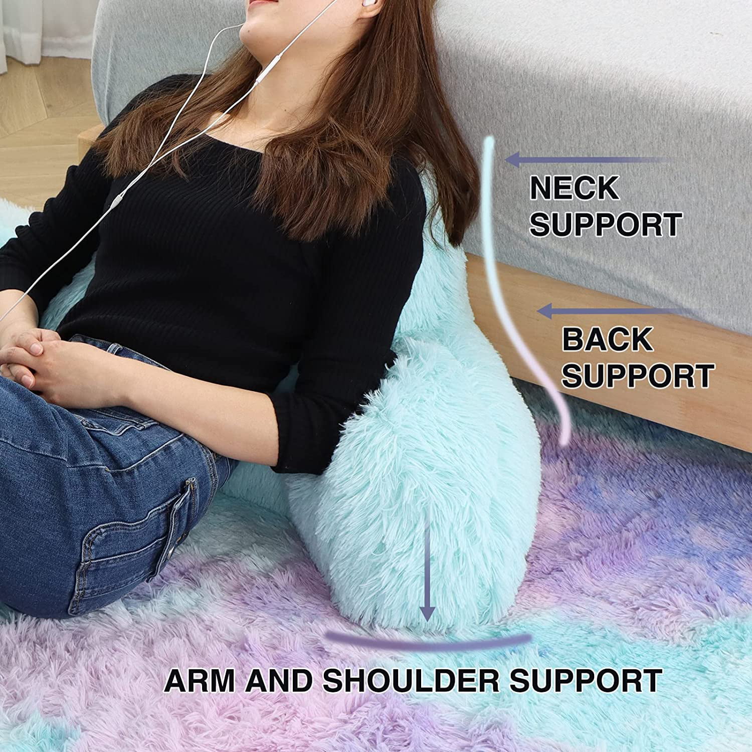 NTBED Reading Pillow Faux Fur Bed Wedge Backrest with Arms,Couch TV Relax  Bed Rest Pillow Back Support Cushion for Kids Teens Boys Girls(Ivory)