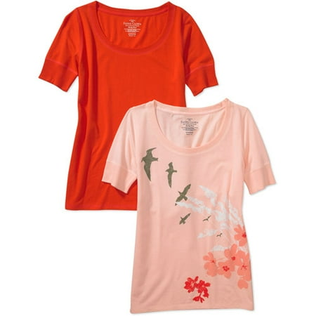 Faded Glory - Women's Organic Cotton Print Short-Sleeve Scoop Tees, 2-Pack
