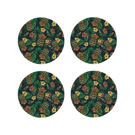 

Leather Coasters Set of 4 - Tropical Tribe Mask Lightweight Non-Slip Drink Coasters for Desk Anti-Scalding Desk Cup Coasters for Office Table Decor Round Shape