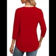 thumbnail image 4 of Blusas de Mujer con Mangas 3/4, Cuello Redondo, Túnicas Casuales, Camisas Plisadas Básicas, Corte Holgado, 2025 Rojo L, 4 of 5