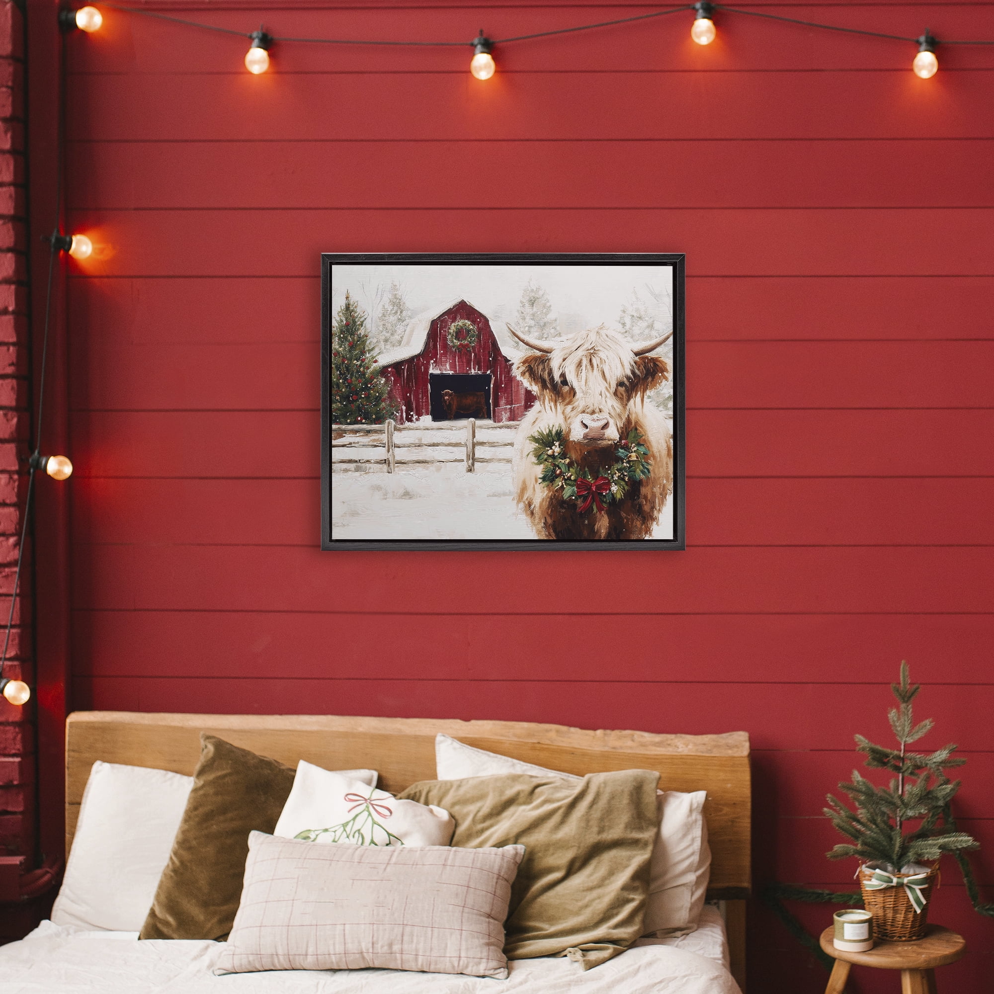 Stupell Industries Snowy Farm Scene Cattle Black Framed Floater Canvas Wall Art, design by Acorn & Ivory Designs