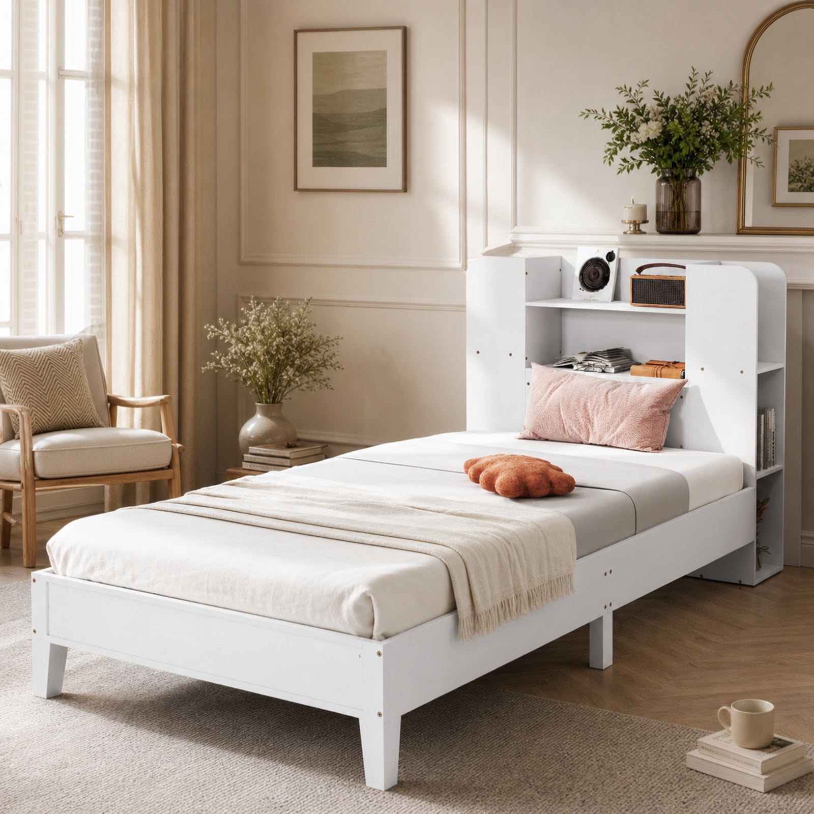 Furnibear Twin Platform Bed Frame with Built in Bookcase Headboard 2 Tier Shelf 6 Open Compartments Solid Wood Slats and No Box Spring Needed, White