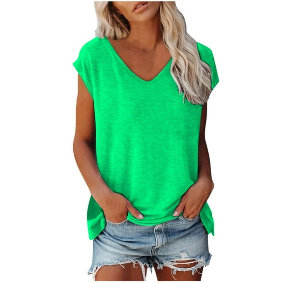 XUELUO Boho Tops For Women Summer Solid Color V Neck Short Sleeve Fashion Casual Shirts For Women Tee Shirts Streetwear,Green,XL