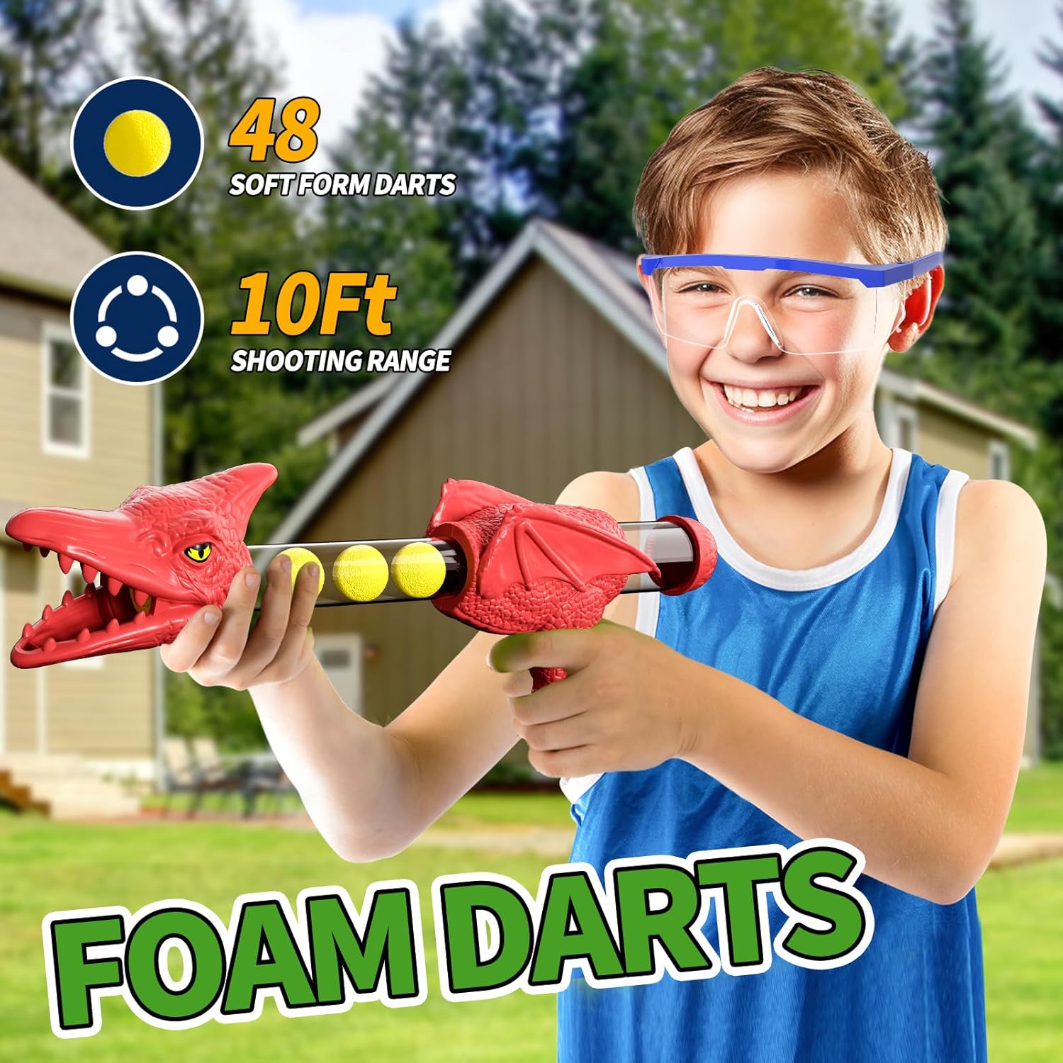 Dinosaur Shooting Game for Kids – 2 Air Pump Launchers, Electronic Target with LCD Score, Lights & Sounds, 24 Foam Balls, Gift for Boys Ages 3-5