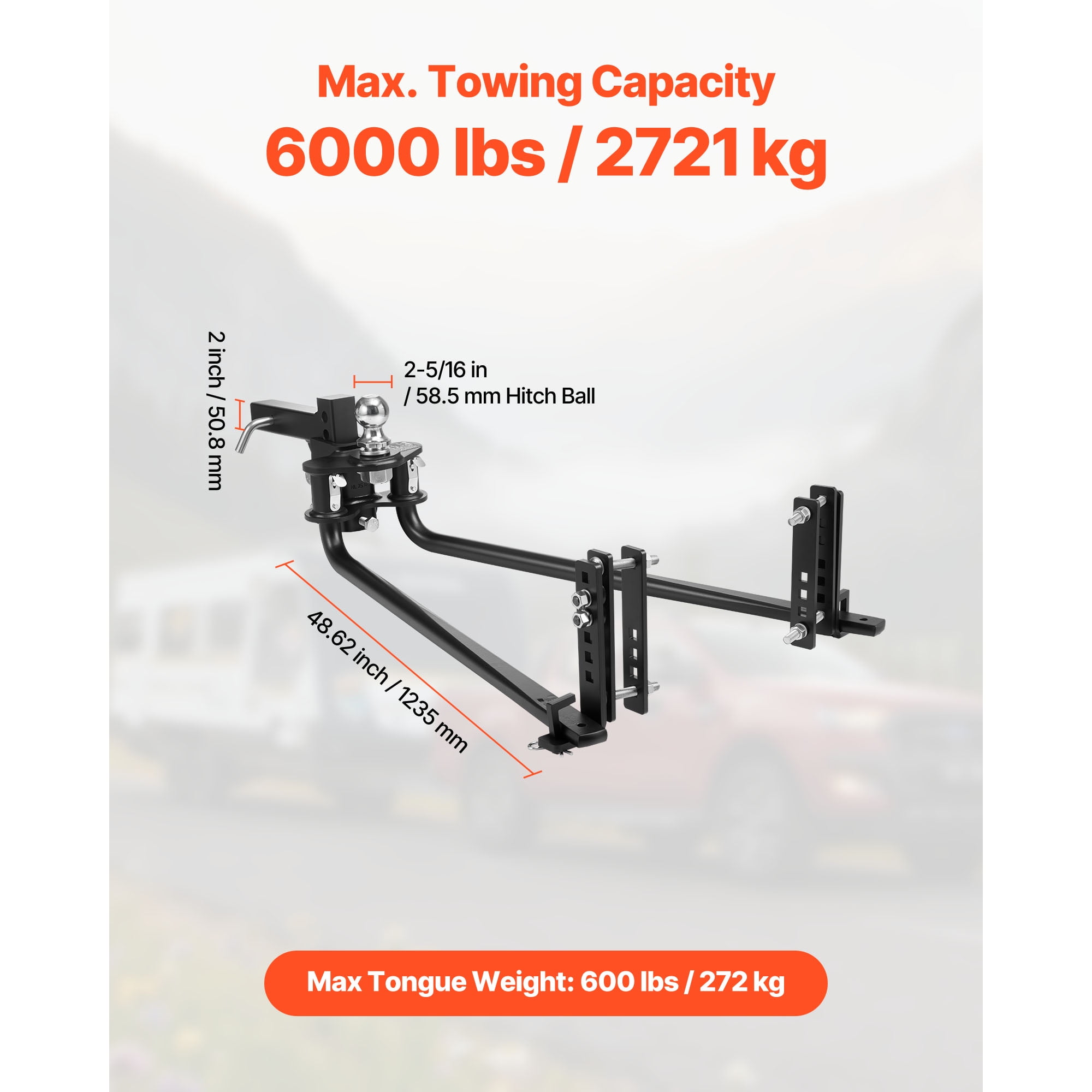 KFFKFF Weight Distribution Hitch, 6000 lbs Towing Capacity & 600 lbs Tongue Weight, Load Leveling Hitch Kit with Sway Control, Includes 2-inch Shank & 2-5/16-inch Ball for Trailer Stability