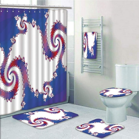 PRTAU Futuristic Abstract Bizarre Vortex Formless Motif Similar to Ethnic 5 Piece Bathroom Set Shower Curtain Bath Towel Bath Rug Contour Mat and Toilet Lid Cover