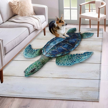 Area Rug 3x5ft Vintage Ocean Sea Turtle on Wood Grain Area Rugs Washable Low Pile Floor Carpet for Bedroom Marine Life Non Slip Soft Rugs for Living Room Entryway Dining Room