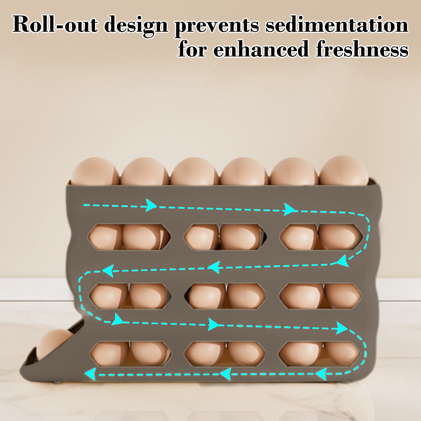 Votnto 30-Count Automatic Rolling Egg Dispenser, 4-Tier Refrigerator Egg Holder Organizer (White/Khaki/Gray)