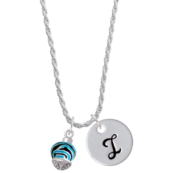 Delight Jewelry Silvertone Wide Hot Blue Zebra Print Band Spinner Silvertone Script Initial Disc - I - Charm Necklace, 20"+3"