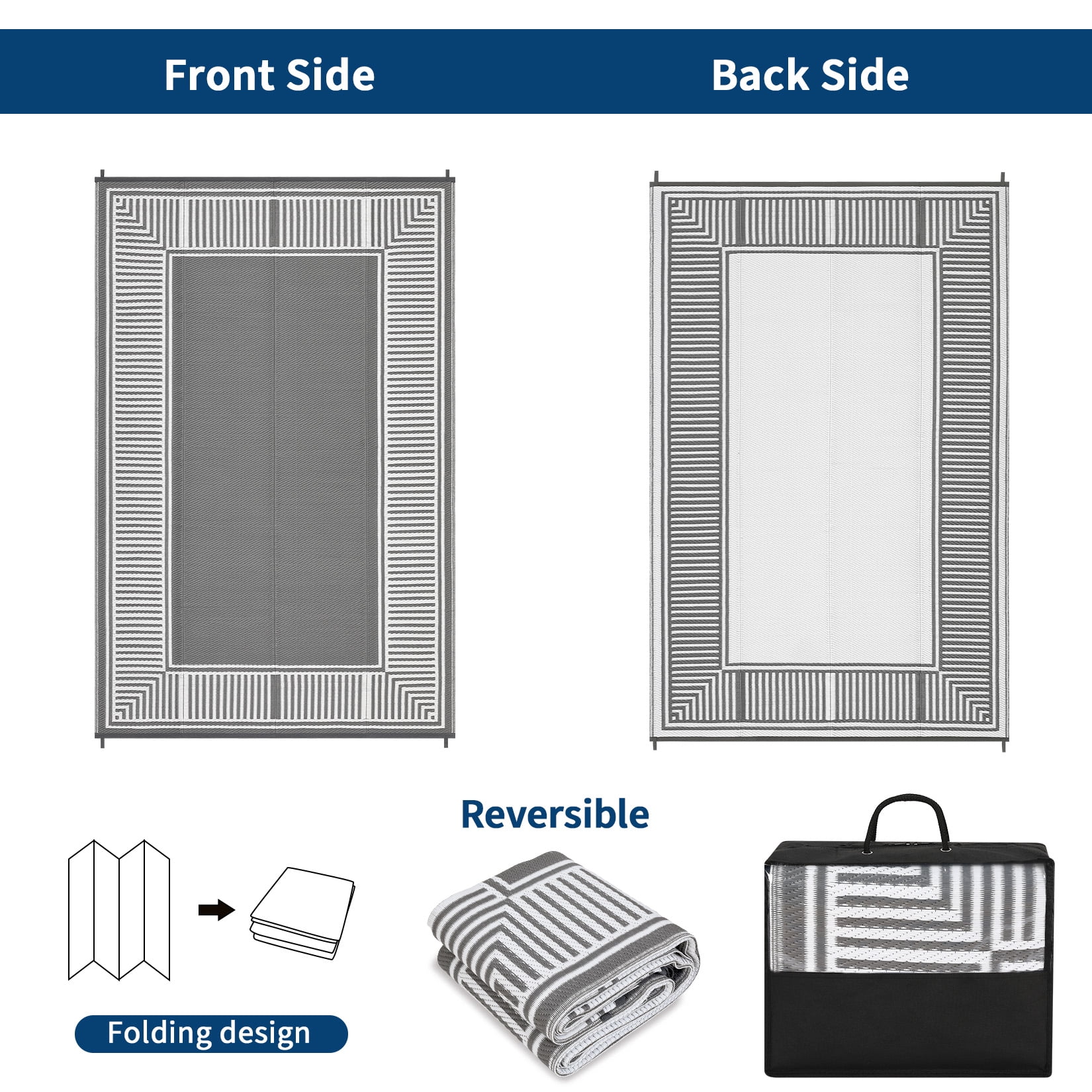 Garvee 9'x12' Outdoor Rug Waterproof Plastic Straw Rug, Modern Bordered Outdoor Carpet UV-Resistant Reversible Mat for Patio RV Deck Beach Porch, Gray and White
