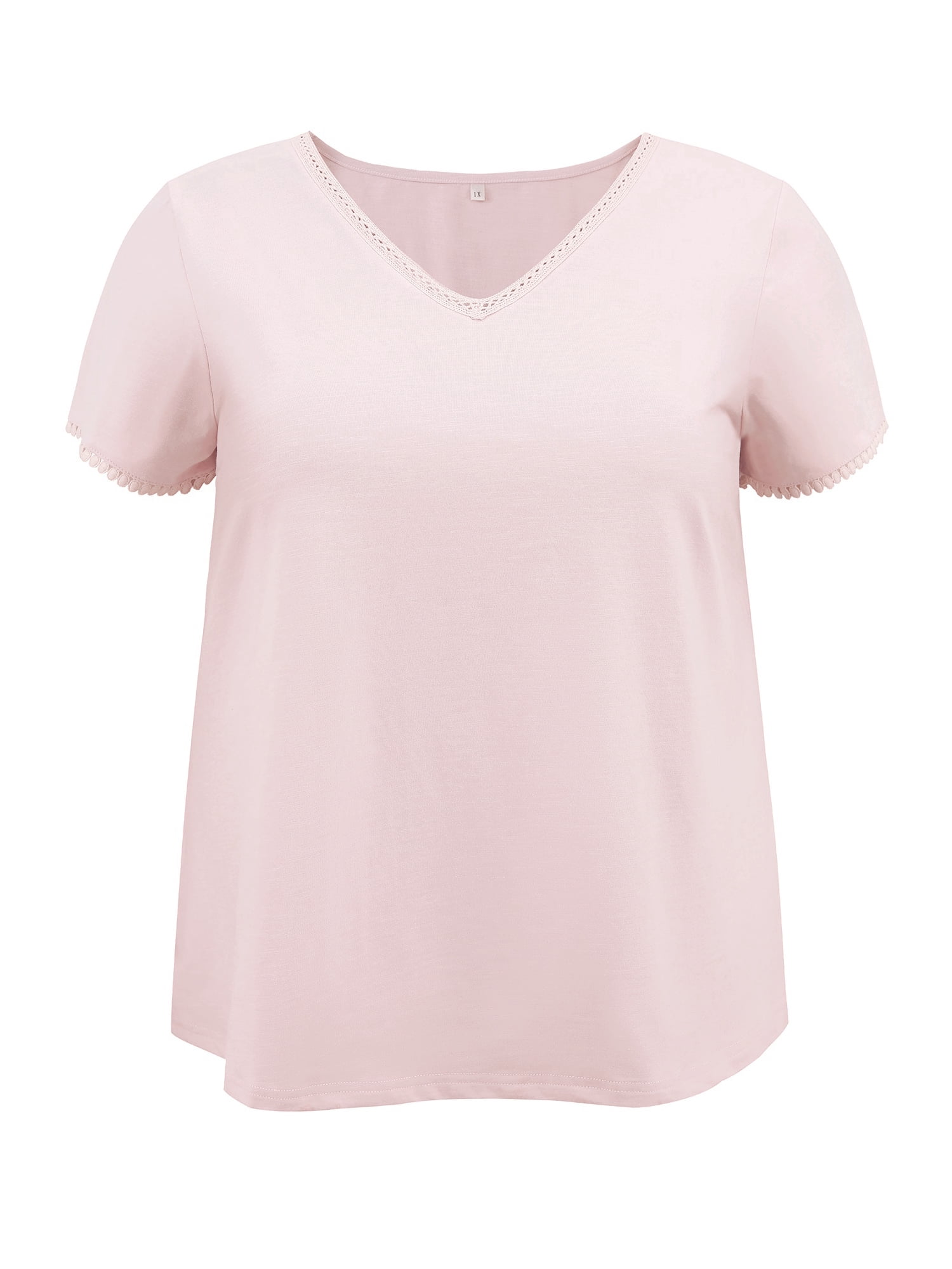 DARING DIVA Women's Plus Crochet Trim V Neck Blouse 4X Light Pink