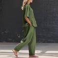 thumbnail image 4 of mihongmao Luau Outfits for Women Holiday Party Sets Women's Summer and Linen Set Casual V-neck Top+wide Leg Pants Set Two-piece Set Green L, 4 of 8