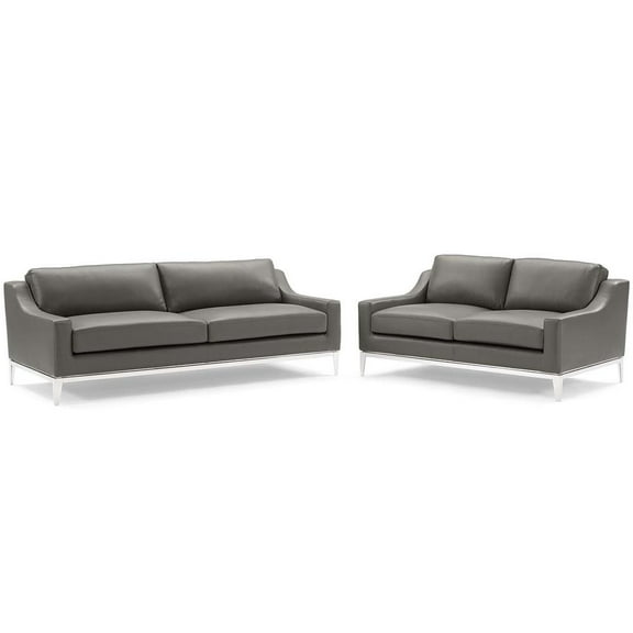 Modway Harness Stainless Steel Base Leather Sofa and Loveseat Set in Gray