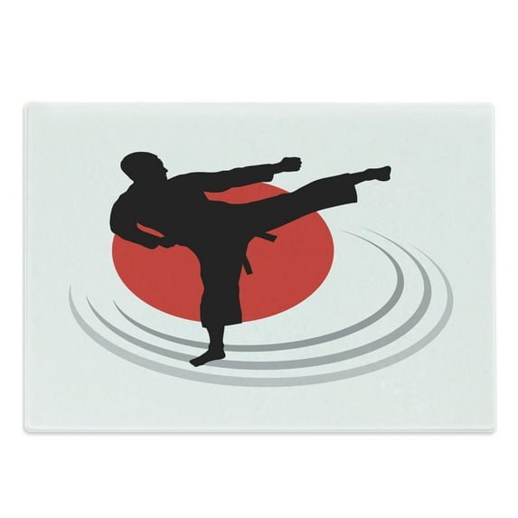 Kung Fu Cutting Board, Karate Kicking Man Silhouette on Japanese Flag Inspired Backdrop, Decorative Tempered Glass Cutting and Serving Board, in 3 Sizes, by Ambesonne
