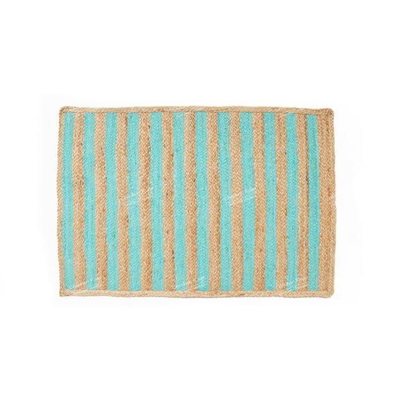 Rectangle Rug Natural Jute Rug Hand Braided Beige and Turquoise Color Area Rug