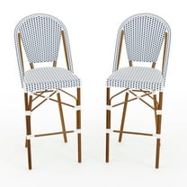 Martha Stewart Set of 2 Indoor-Outdoor Stackable Bistro Bar Stools with Natural Woodgrain Aluminum Finish Frames, White/Navy Woven Rattan Backs/Seats