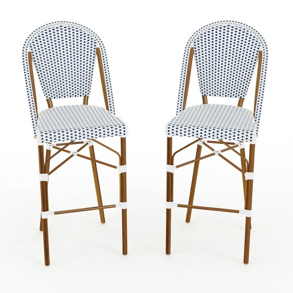 Martha Stewart Set of 2 Indoor-Outdoor Stackable Bistro Bar Stools with Natural Woodgrain Aluminum Finish Frames, White/Navy Woven Rattan Backs/Seats