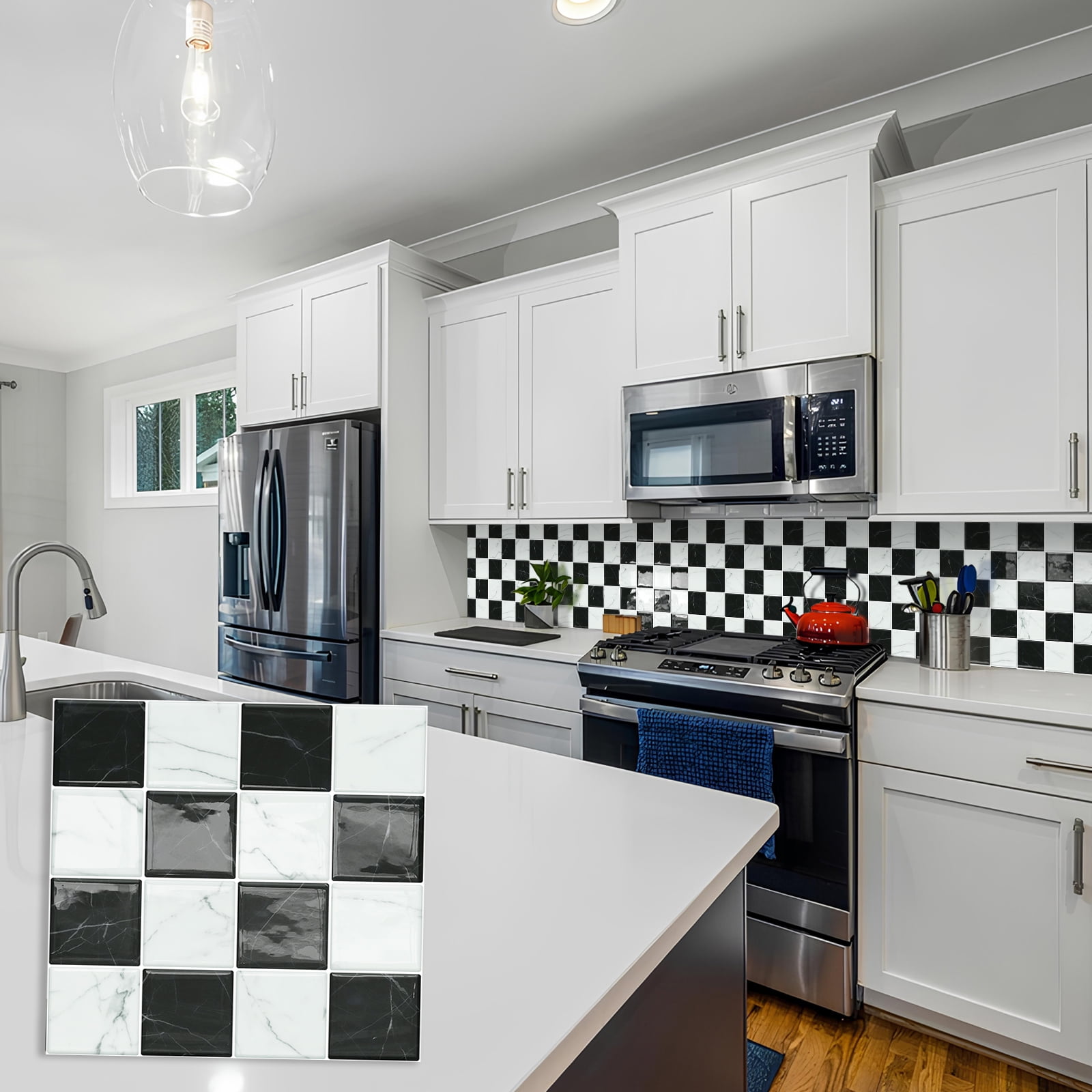DEWOO Thick Peel and Stick Backsplash Tiles Kitchen Bathroom Square Self Adhesive Wall Tile Checkerboard Checkered Stickers,Black (10-Sheet, 9"×9")