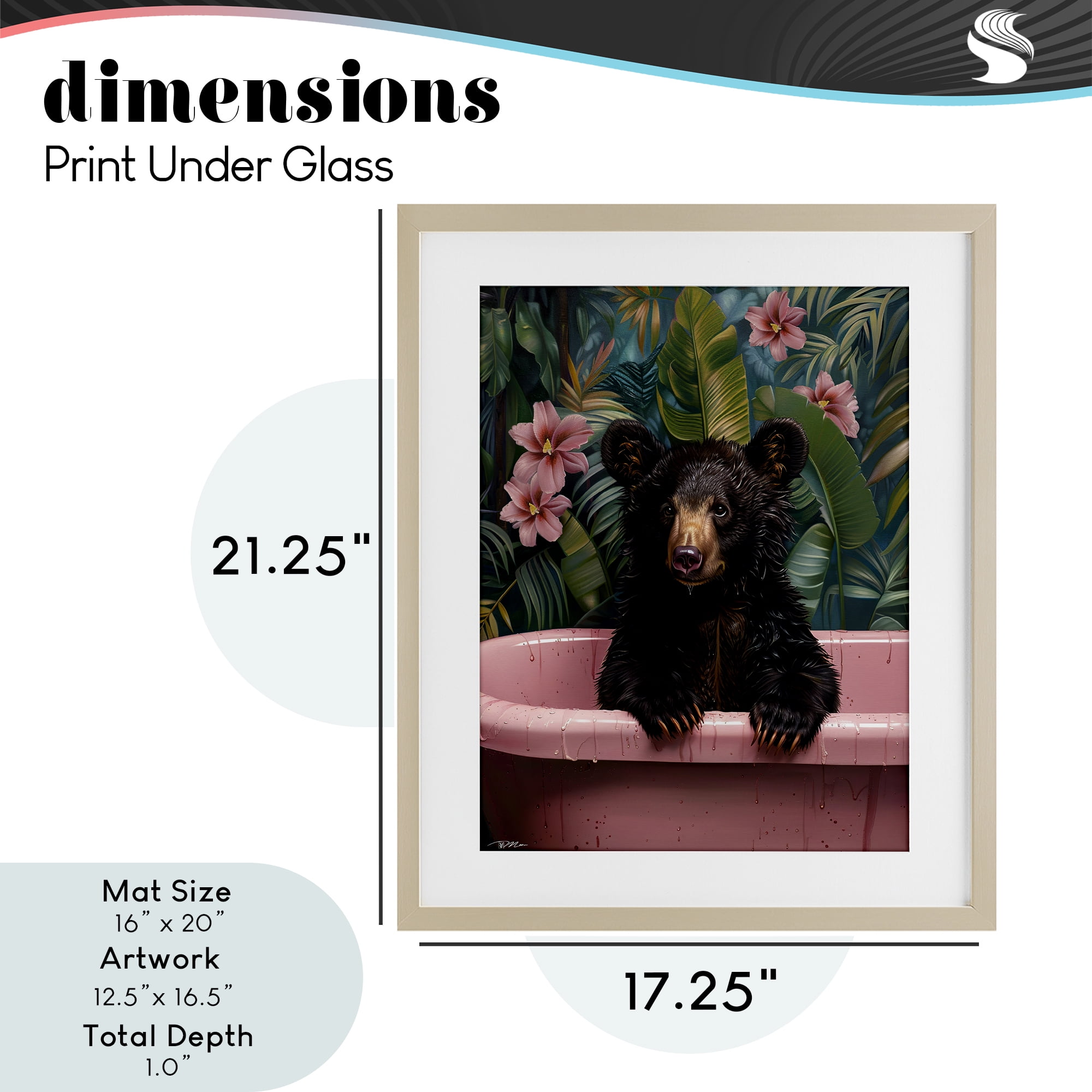 Bruno Bear in Pink Tub Birch Framed Print Under Glass, design by Momart