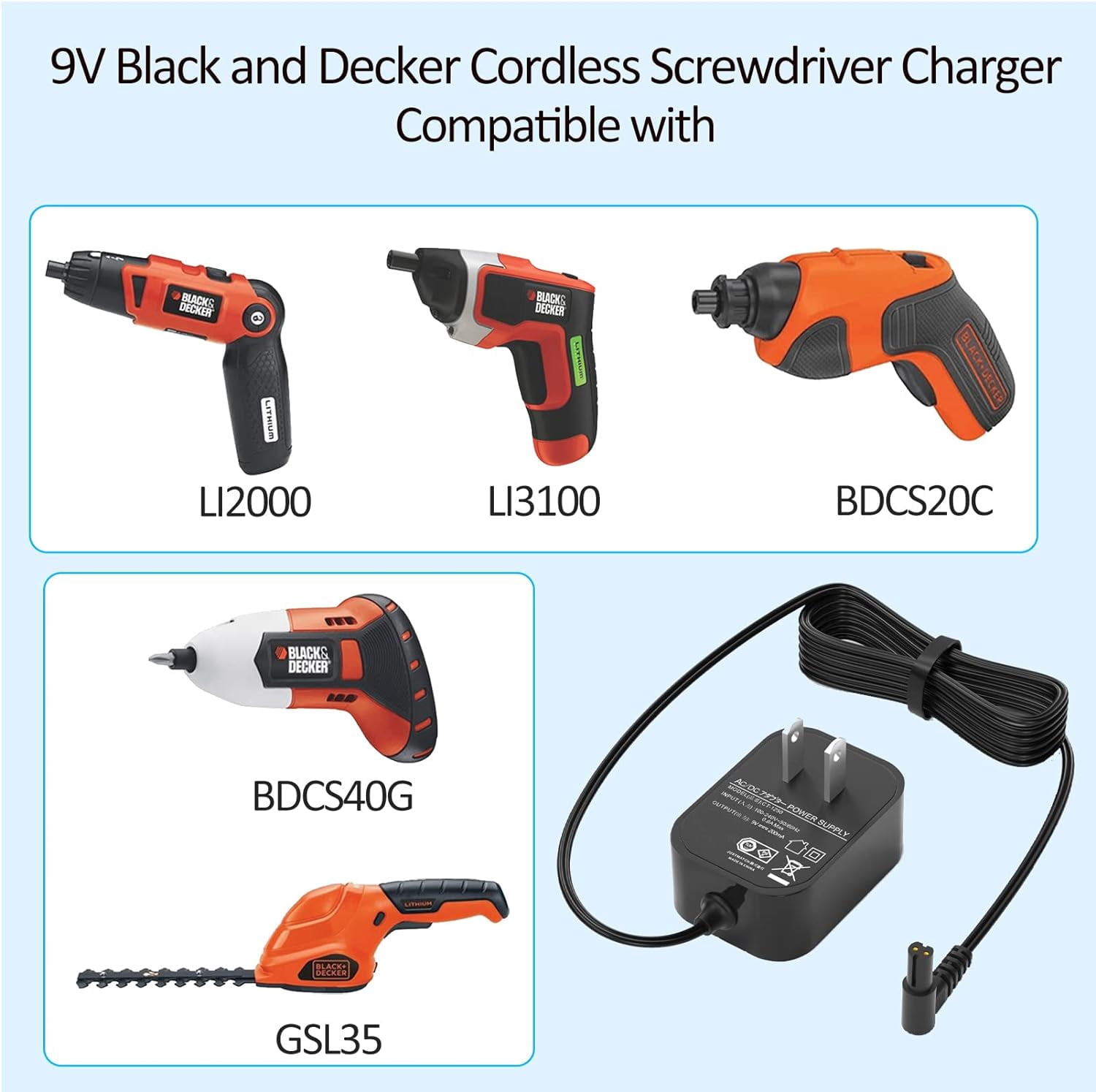 VHBW 9V for Black Decker Charger LI2000 Charger for Black and Decker Cordless Screwdriver BDSC20C BDCS40G LI3100 GSL35 for Black+Decker Charger Cord 90593303 (Not for 7.2V Driver or 15V 23V Vacuums)