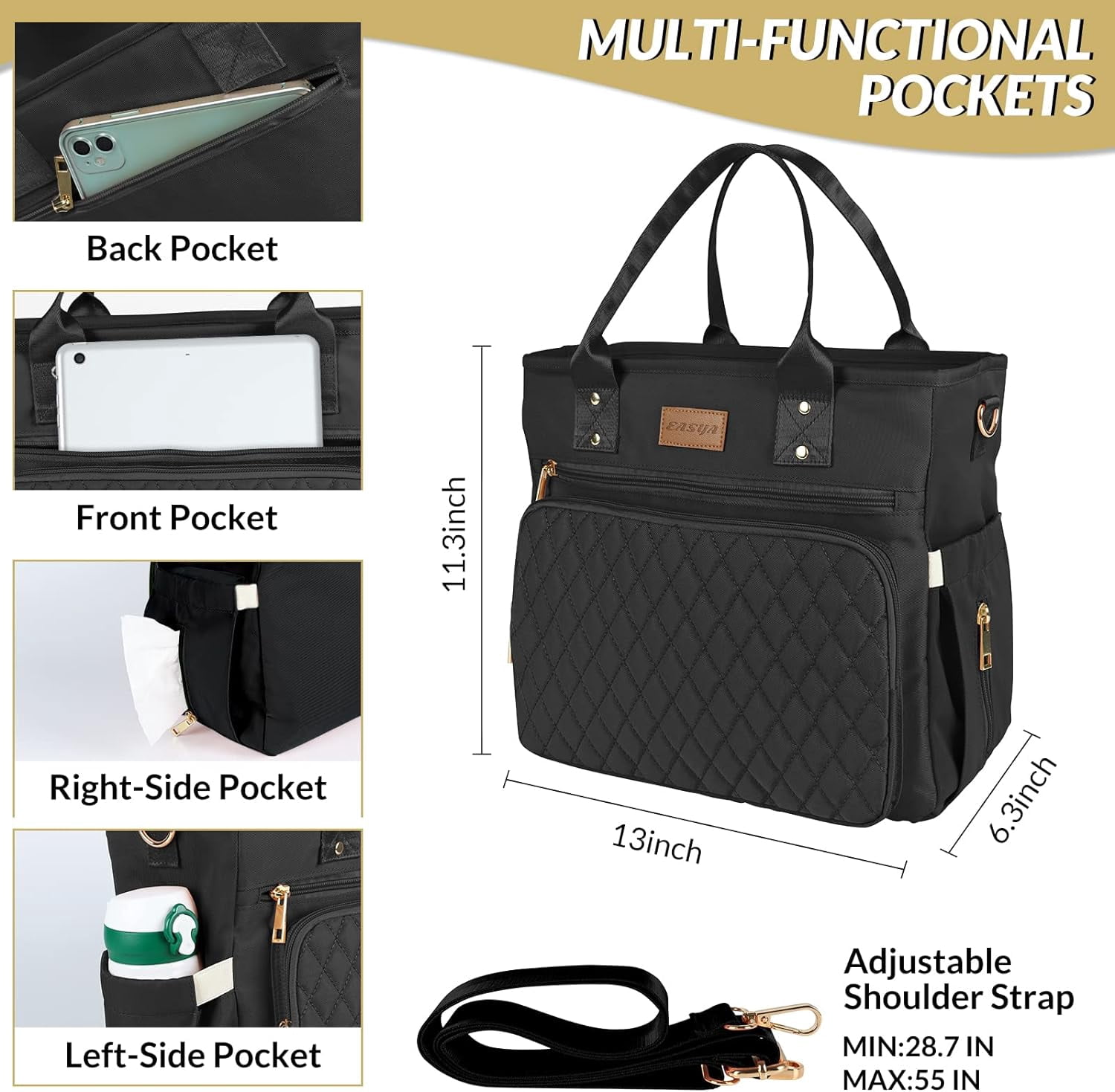 Large Women Lunch Bags for Work Insulated/Insulated Adult Lunch Box for Women/Durable Nylon Thermal Lunch Bag for Women/Leakproof Cooler Lunch Tote Bag with Storage Pocket (Black)