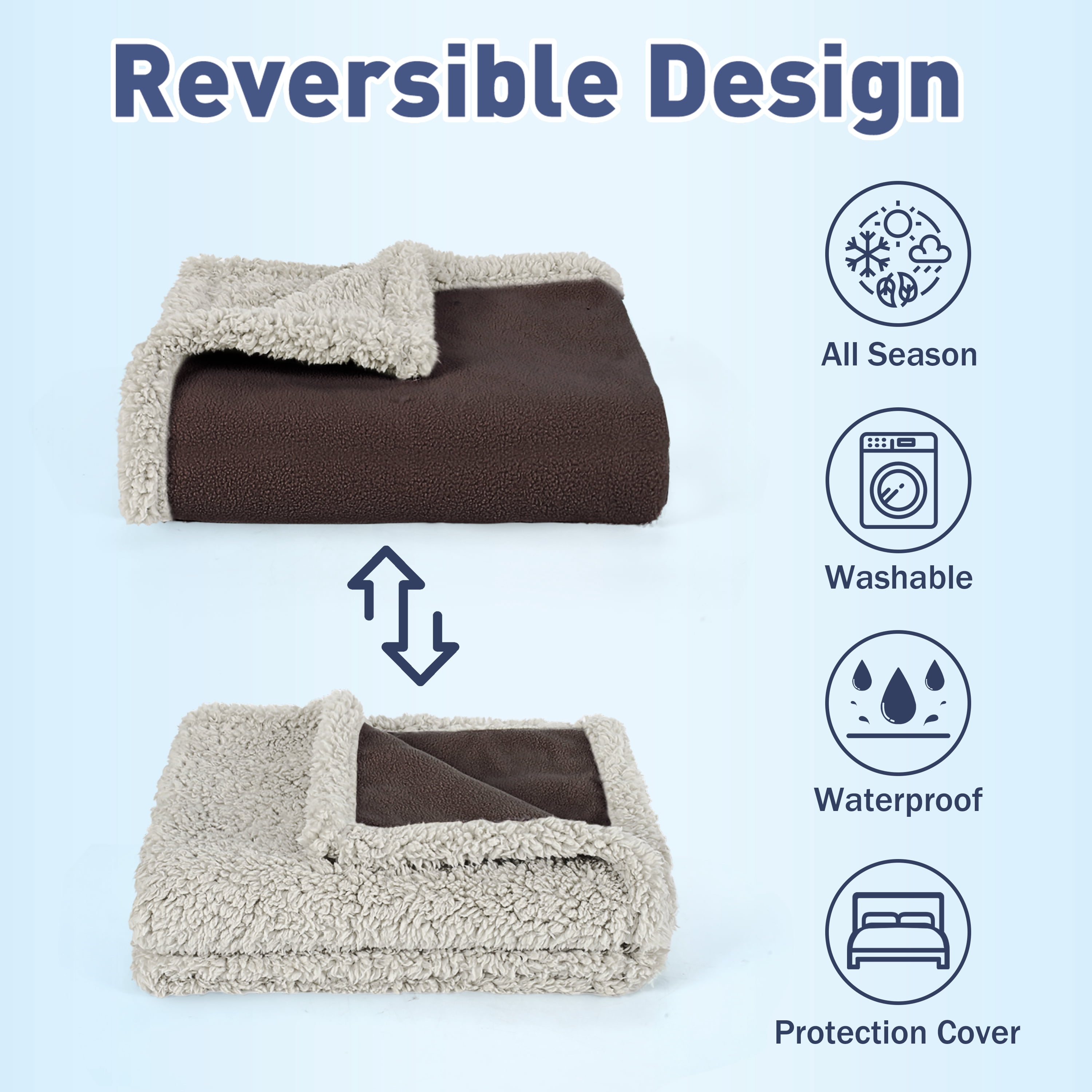 Catalonia Waterproof Blanket for Baby, Pee Proof Pet Cover for Couch Bed, Reversible Sherpa Fleece Throws for Relaxing Traveling Camping, Brown/Tuape, 60"" x 50"".