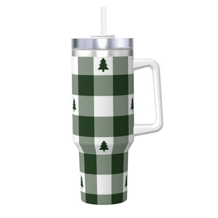 

Gaeub Green White Lumberjack Plaid Print Stainless Steel Hot/Cold Coffee Cup 40oz Ice Bully Cup With Handle And Straw Travel Coffee Cup