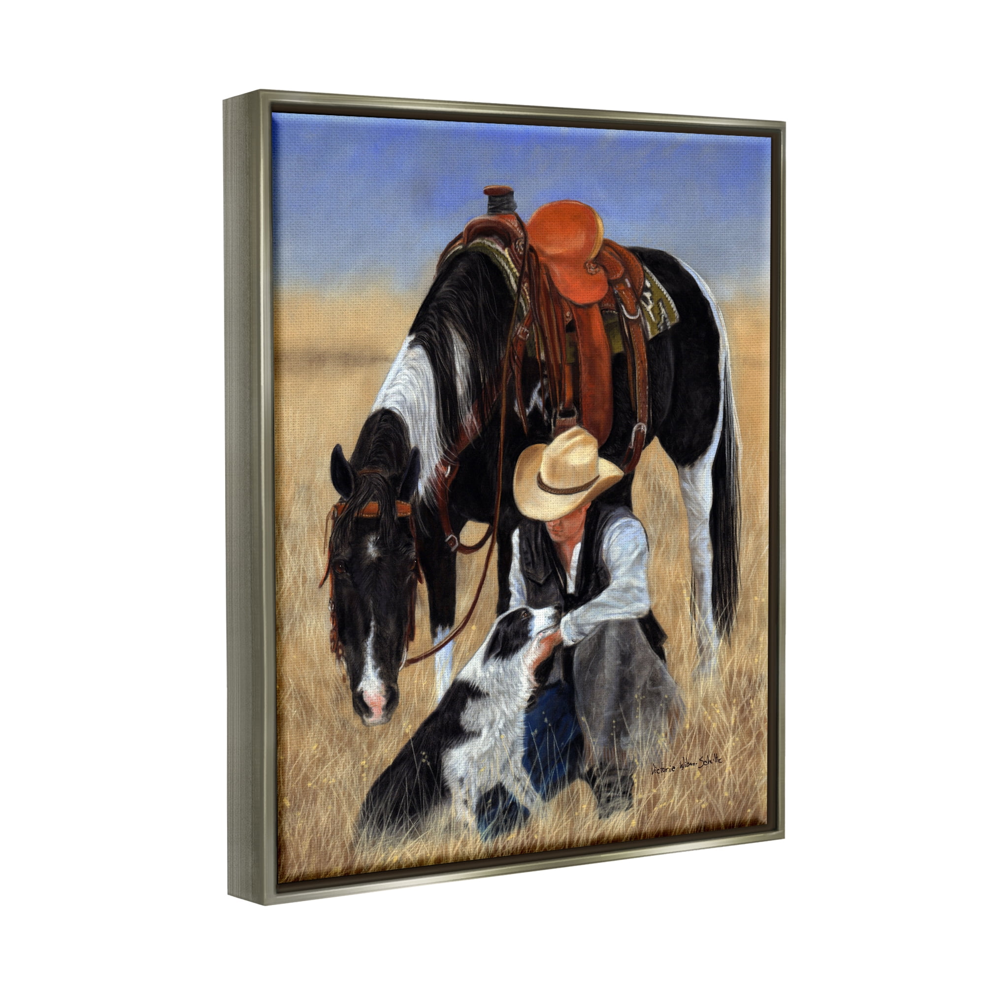 Stupell Industries Cowboy with Dog & Horse Animals & Insects Painting Gray Floater Framed Canvas Art Print Wall Art, 25 x 31
