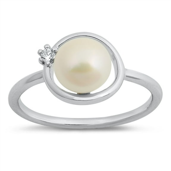 Simulated Pearl Center Cubic Zirconia Circle Ring Sterling Silver Size 6