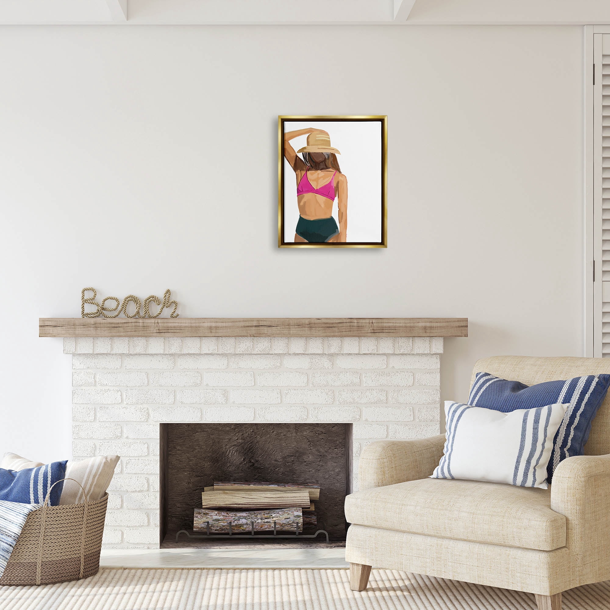 Stupell Industries Summer Beach Girl In Sun Hat Coastal Painting Gold Floater Framed Art Print Wall Art
