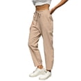 thumbnail image 1 of Pantalones informales de lino lisos para mujer con cintura elástica y cordón, 1 of 7