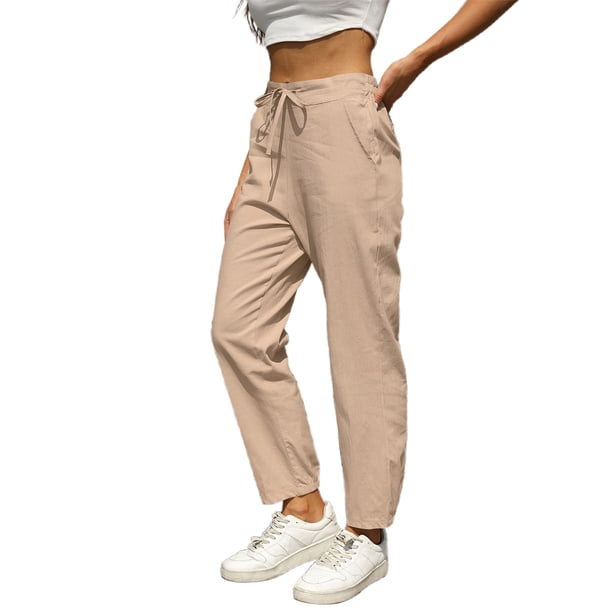 Pantalones informales de lino lisos para mujer con cintura elástica y cordón
