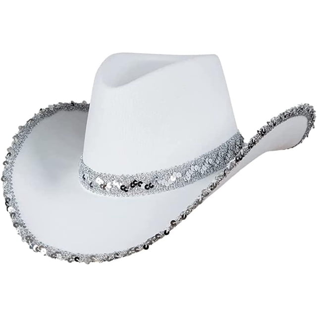 Sombrero de vaquero para mujer, con lentejuelas de ala ancha, sombrero de vaquero occidental, accesorio de fiesta para adultos, sombrero blanco, One Size