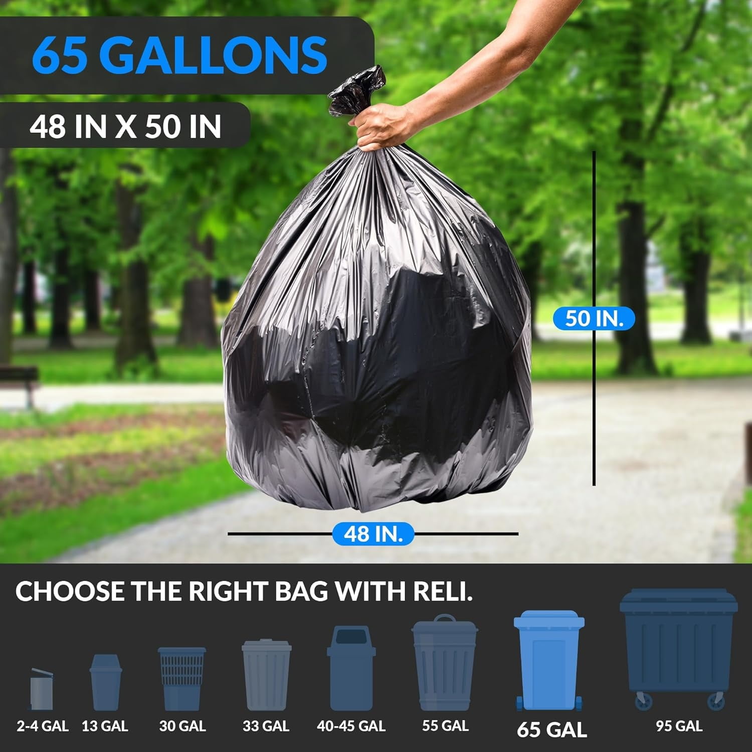 65 Gallon Trash Bags | 120 Count | Heavy Duty | Bulk | Black Multi-Use Garbage Bags