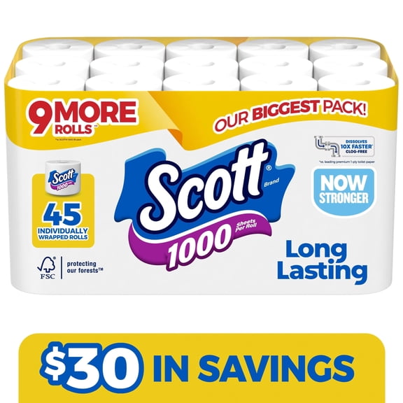 Scott 1000 1-Ply Toilet Paper 45 rolls 1,000 sheets/roll