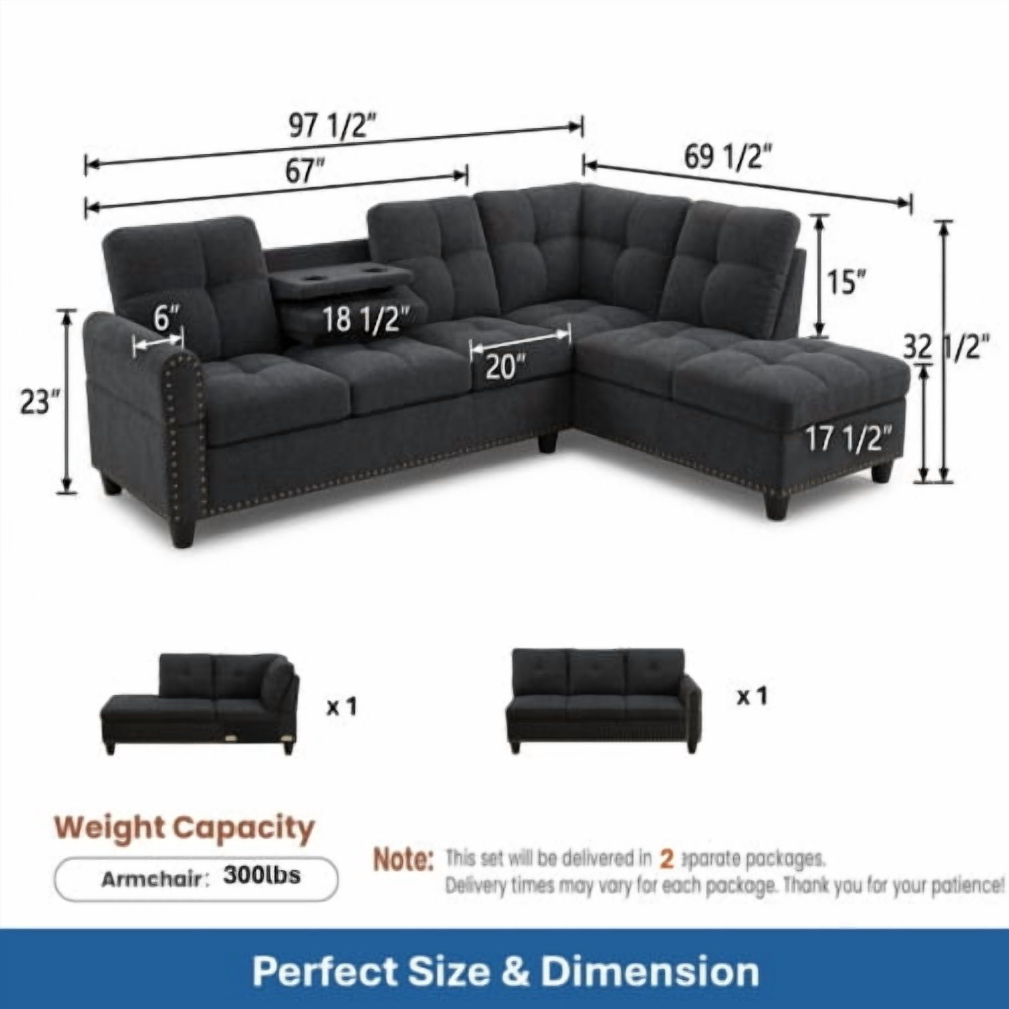97.5" L-Shaped Sectional Sofa, 2-Piece Modular Couch with Right Chaise, Black Grey Linen, Built-in Cup Holders, Nailhead Trim, Solid Wood Frame