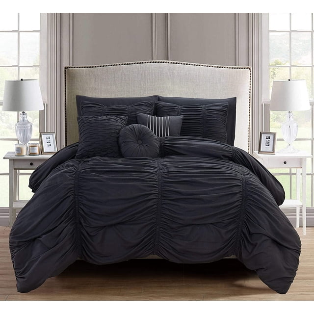 Mocassi 10pc Pleated Bed-in-a-Bag, Ruched Ruffle Comforter Set Featuring Decorative Pillows and Fitted Sheet King, Black