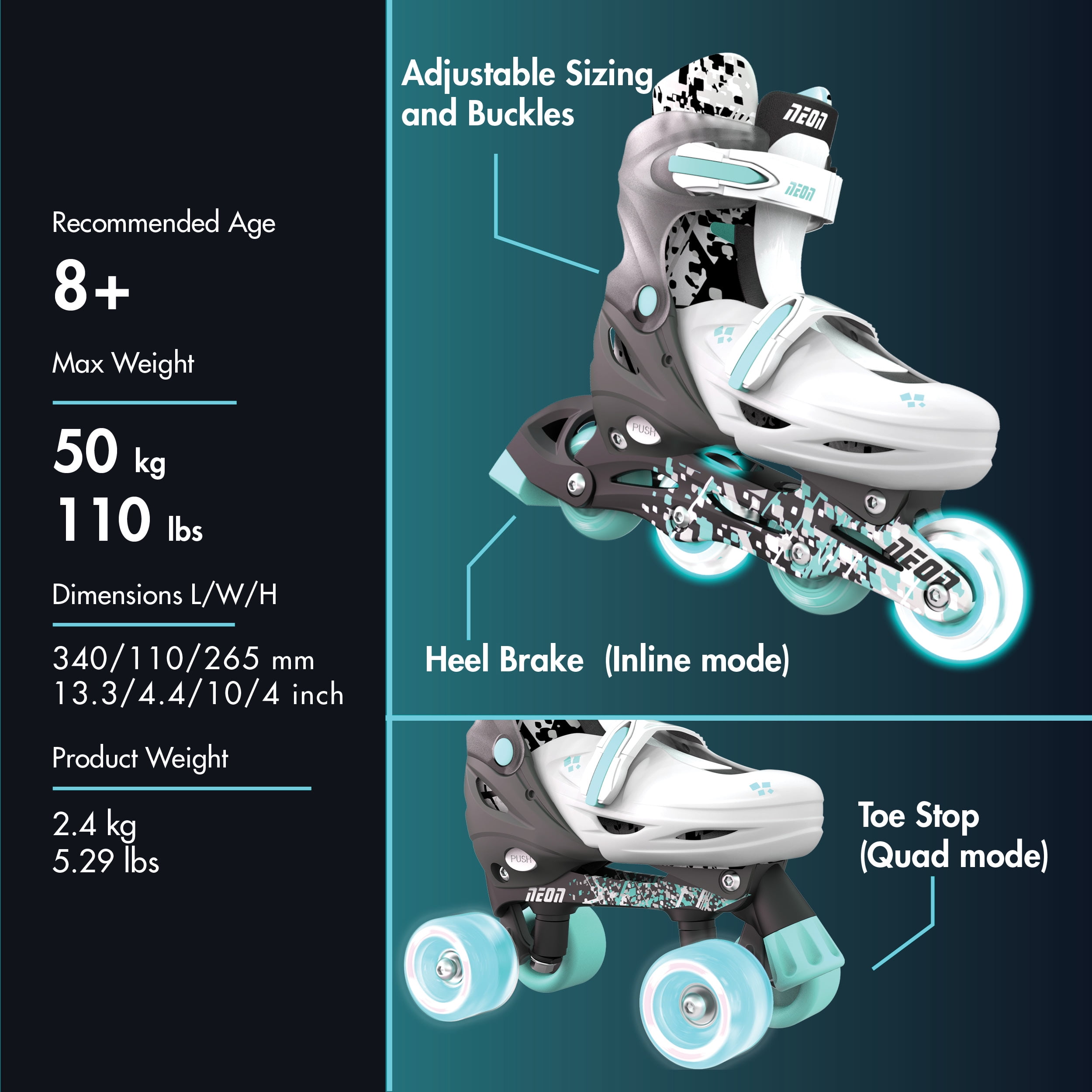 Yvolution 2in1 Quad and Inline Skates, Girls and Boys Kids Skates, Size 12-2 Grey