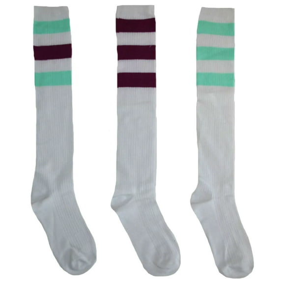 Old School Tube Socks 3 Pack, White With Purple and Aqua Striped (9-11)