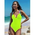 thumbnail image 4 of Women's Swimsuit Tummy Control Deep V Neck Neon Colorblock Swimwear Lemon Yellow S, 4 of 6