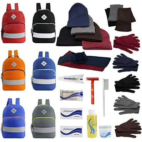 Bulk Case of 12 Backpacks and 12 Winter Item Sets and 12 Hygiene Kits - Wholesale Care Package - Emergencies, Homeless, Charity