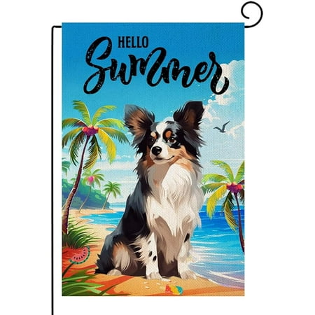 Yorkie Garden Flag Hello Summer Sea Beach Dogs 12x18 Inch Double Sided Outside  Ice cream Seagull Watermelon Seasonal Holiday Yard Outdoor Decoration(9153)