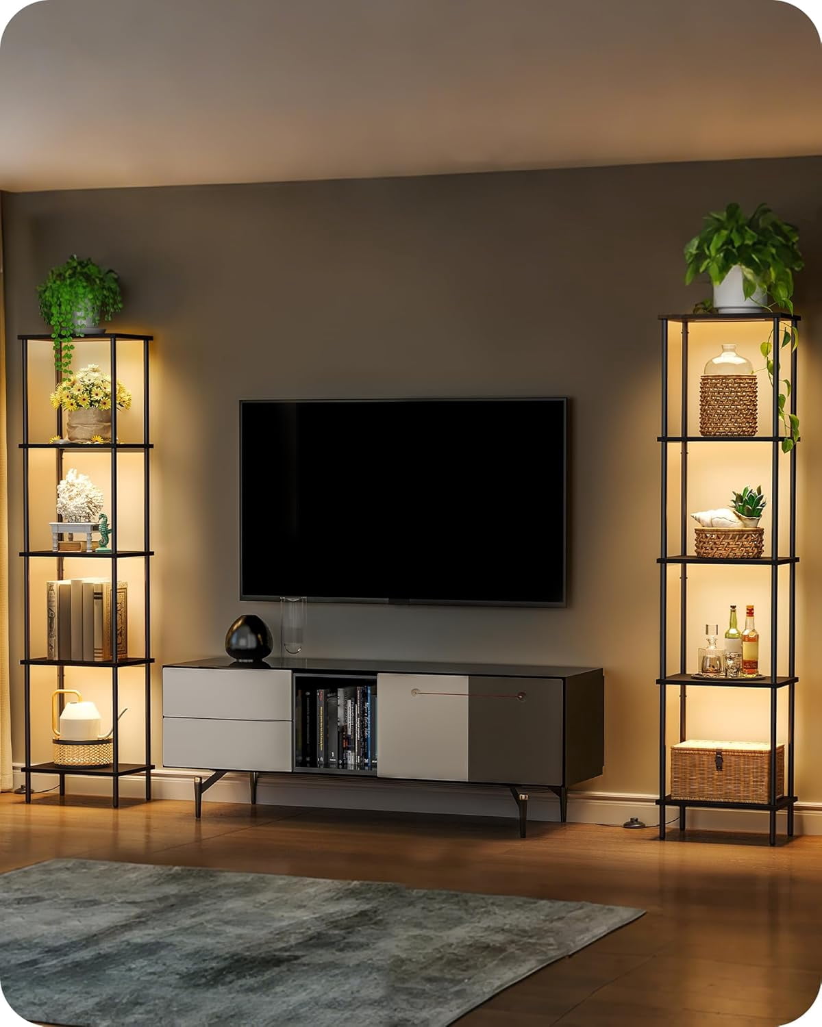 GOEBLESON 5-Tier Corner Floor Lamp with Shelves, Dimmable LED Bookshelf Light for Living Room, Remote & Foot Control, 3CCT Timer, Black
