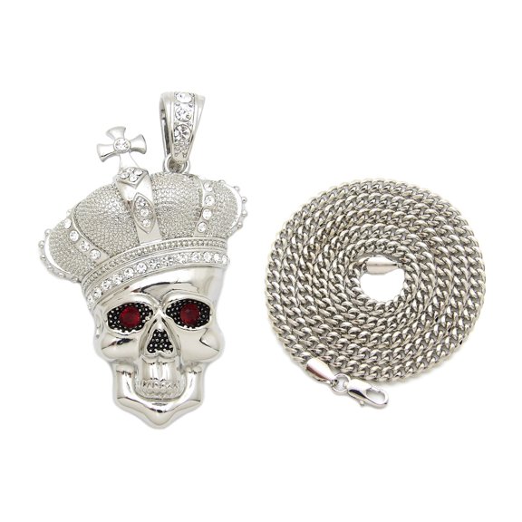 Stone Stud Royal Crown Skull Pendant with 4mm 30" Cuban Chain Necklace in Silver-Tone