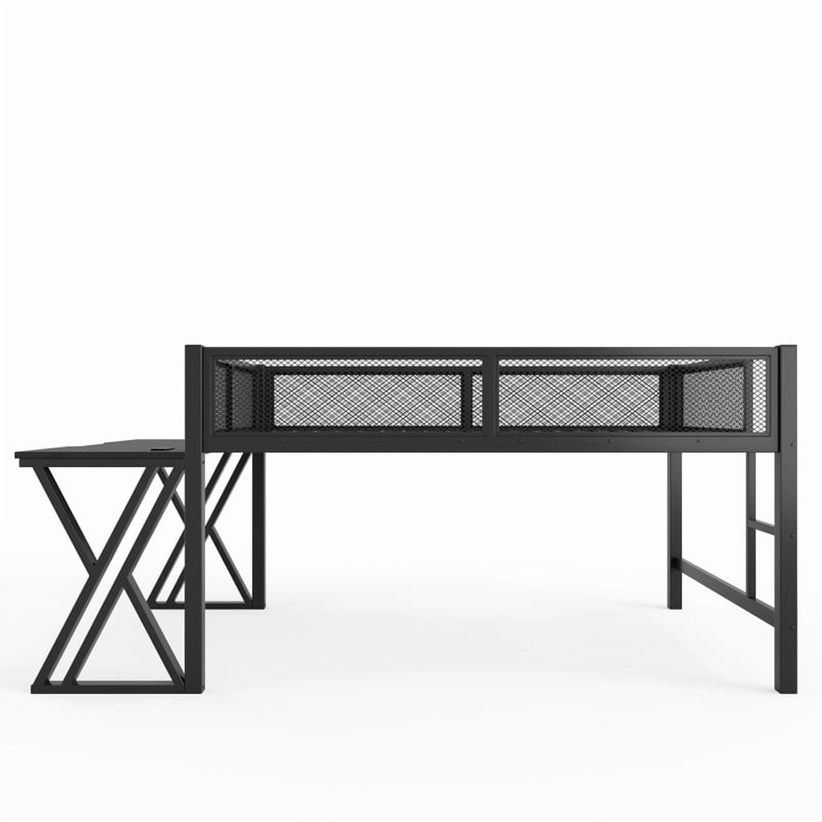 Full Gaming Loft Bed with Computer Desk of X-Shaped Legs, Metal Bed Frame with LED Lights, Charge Station & Mesh Guardrail